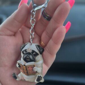 Pug Keychain with Book - Black and Cream